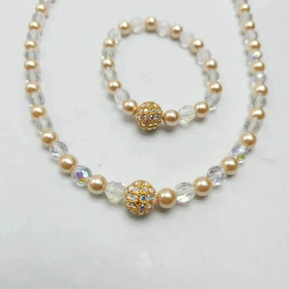 Joan Rivers Golden Crystal Beaded Necklace Bracelet Set  Joan Rivers Faux Pearl Clear Faceted Bead Gold Tone Necklace Bracelet Set